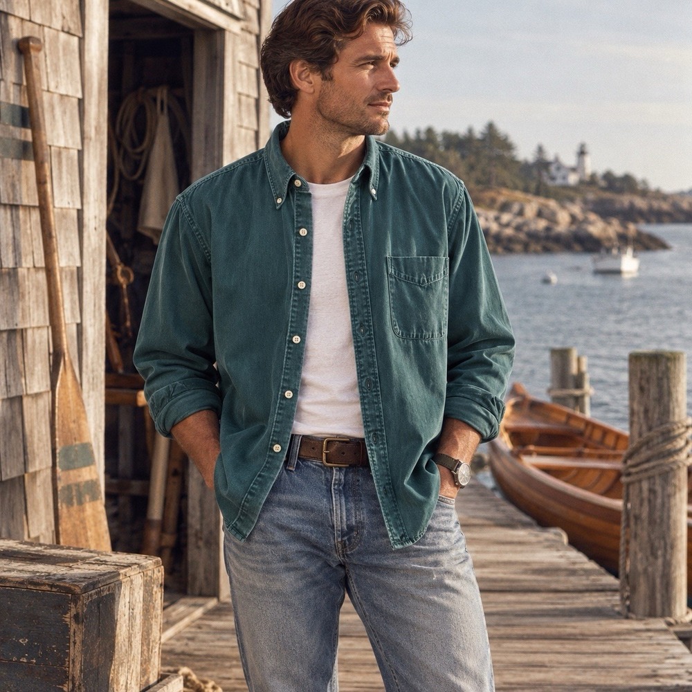 Vintage 90s J Crew Oarsman Shirt Mens M Green Heavy Twill USA Made Button Down